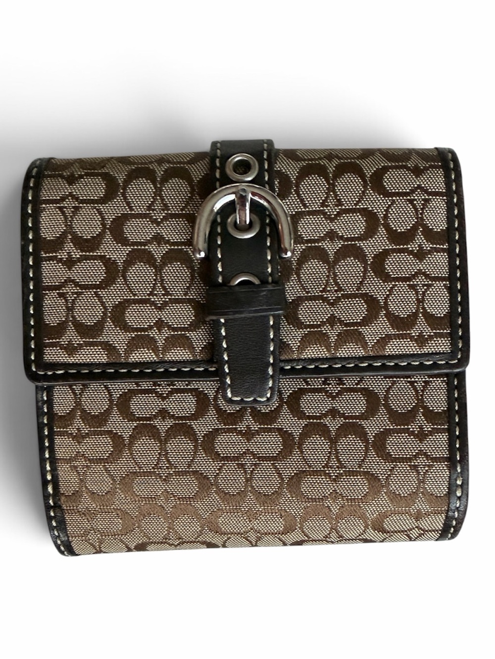 Coach Brown Signature Canvas Bifold Wallet with Buckle Accent